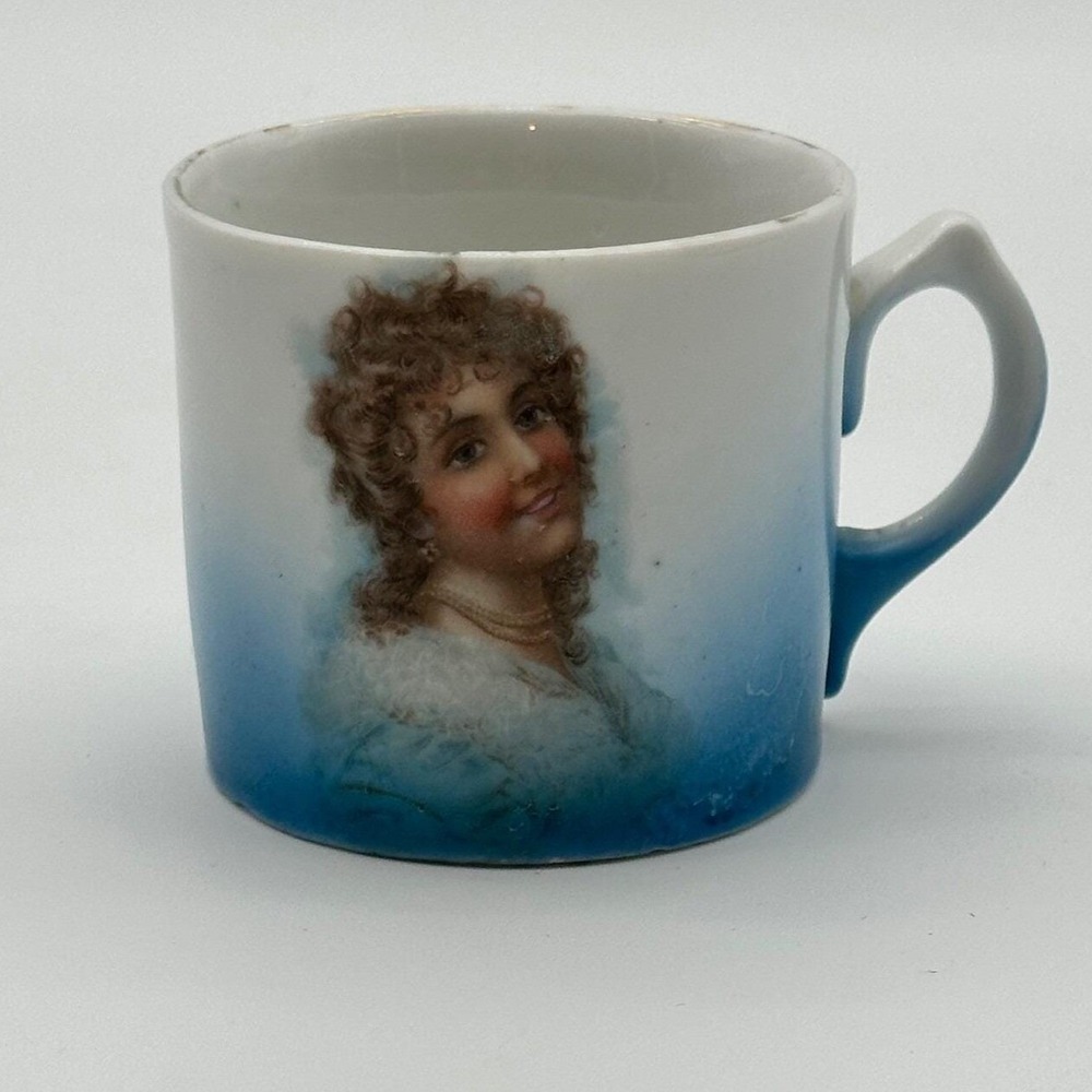 Antique Victorian Portrait Porcelain Demitasse Cup Blue Ombre